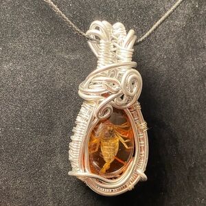 Silver and Amber Scorpion Pendant Necklace